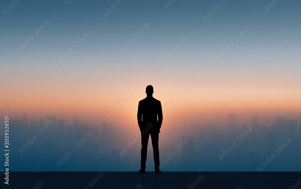 Fototapeta premium leadership concept with a lone executive silhouette overlooking a growing city skyline at sunrise