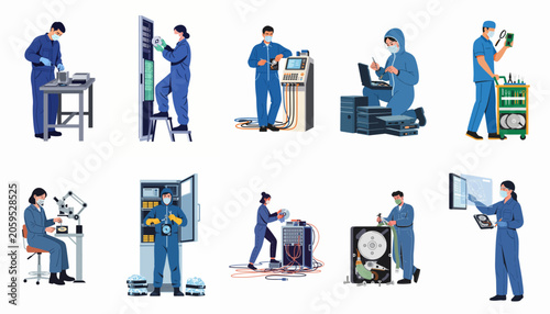 Collection of flat vector illustrations depicting professional technicians and engineers repairing and maintaining computer hardware, hard drives, and server systems.