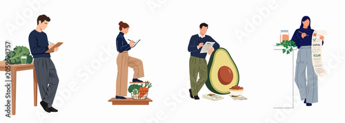 People Planning Healthy Meals and Creating Vegan Grocery Shopping Lists with Fresh Vegetables and Nutrition Plans Illustration