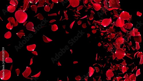 Crimson petals falling against a stark, black backdrop
