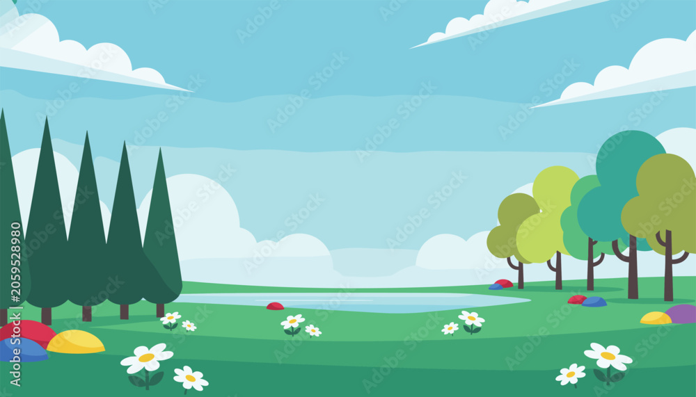 Obraz premium Peaceful green meadow landscape featuring a calm blue lake, tall pine trees, colorful deciduous trees, and white daisies in the grass.