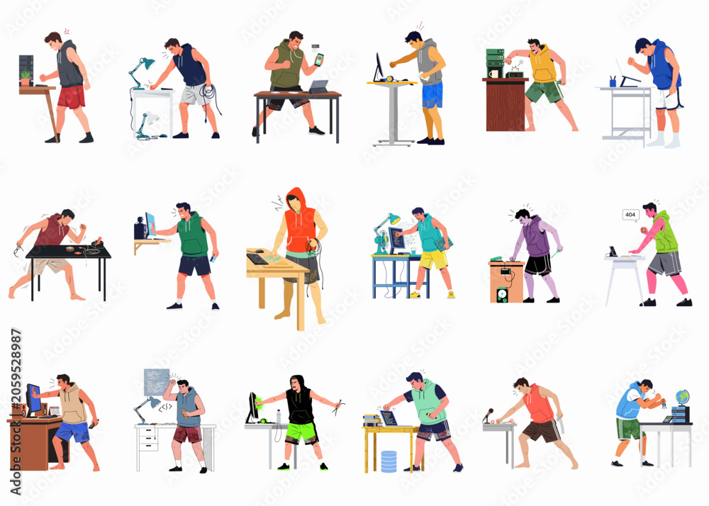 Fototapeta premium Collection of illustrations depicting frustrated men experiencing tech rage and anger while working with various electronic devices at their desks.
