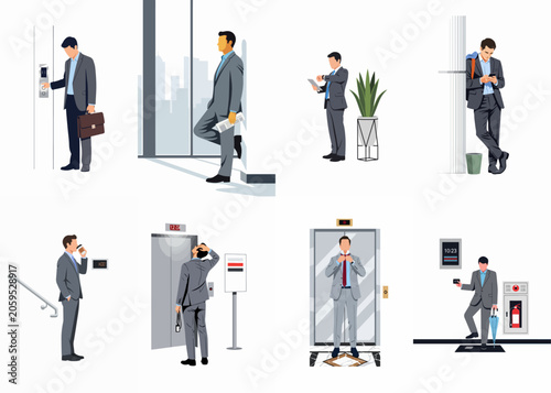 Collection of businessmen in various office and commuting scenarios illustrating daily professional life and workplace activities.