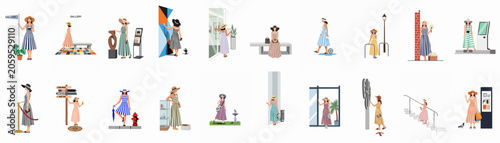 Collection of flat vector illustrations featuring a fashionable woman in striped dresses visiting art galleries, museums, and various urban tourist locations.