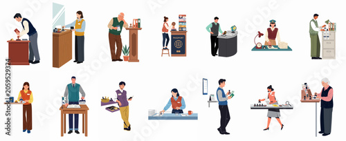 Collection of Diverse People Working at Immigration and Border Control Desks with Passport Stamps and Documents Illustration Set
