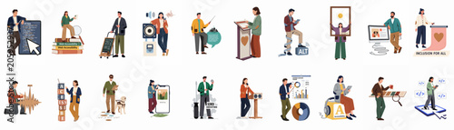 A collection of vector illustrations representing digital accessibility, inclusive design, assistive technology, and web standards for diverse users.