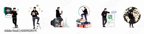 Set of flat illustrations depicting a man in a black hoodie using various digital technologies for work, education, communication, and podcasting.