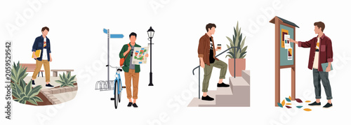 Set of flat vector illustrations featuring young men engaged in various activities like walking, navigating with a map, climbing stairs, and checking a bulletin board.
