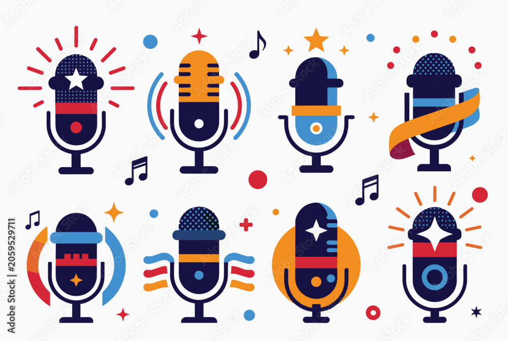 Fototapeta premium Colorful stylized microphone icons set with musical notes and stars for podcasting, radio broadcasting, and professional vocal performance themes.