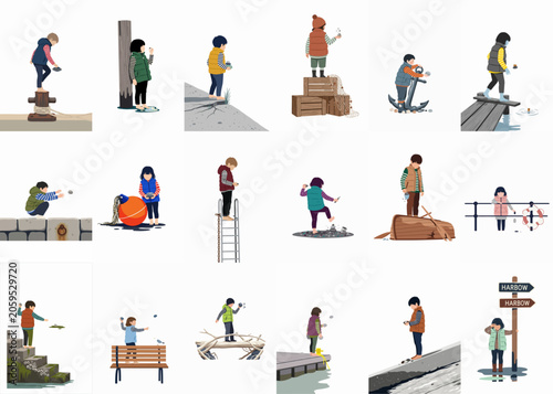 A collection of flat illustrations showing children playing and exploring various maritime environments, including harbors, piers, and docks.
