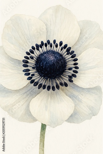 Elegant white anemone blossom with navy stamens on ivory paper