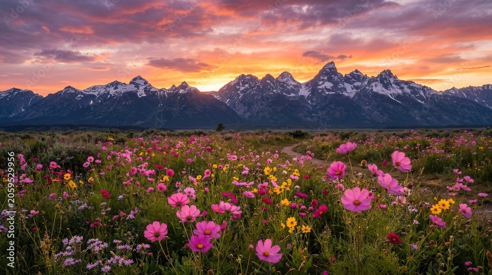 Obraz premium Dramatic Mountain Range at Sunset with Wildflower field blooms during range