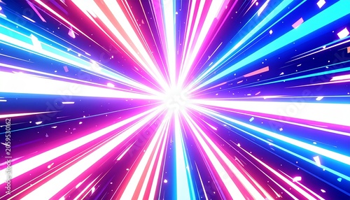 Dynamic neon light rays burst from a central glow