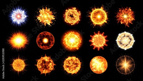 Various fiery celestial orbs glowing on black backdrop