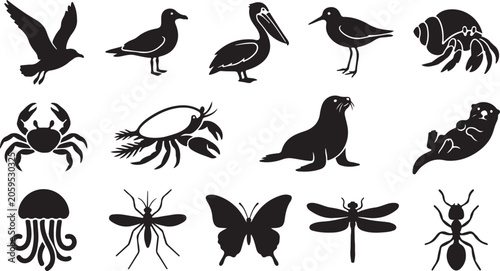Tableau sur toile Set of sea animals and insects silhouettes, including birds, crab, seal, otter,