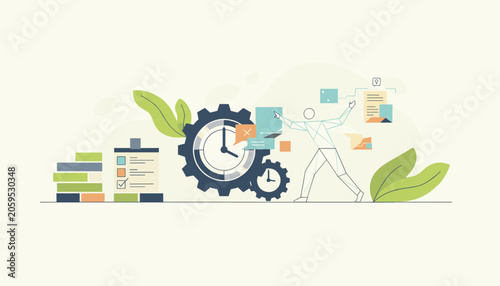 Conceptual illustration of time management with a person organizing tasks around a large clock face and gears.