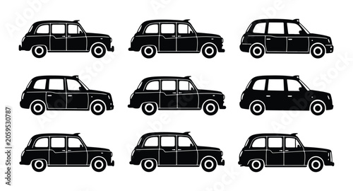 Bild auf Leinwand Black London Taxi Icons, Classic Hackney Cab Vector Set, British Transportation