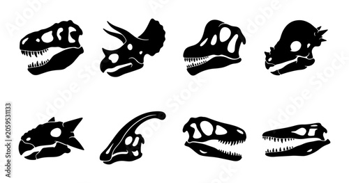 Photos Dinosaur Skulls Vector Icons Set, Prehistoric Reptile Head Silhouettes, Ancient