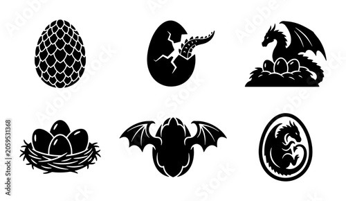 Slika na platnu Mythical Dragon Egg and Hatchling Icons, Fantasy Creature Silhouettes, Magical S