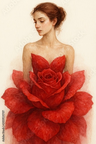 Graceful character wrapped in vibrant red floral petal dress