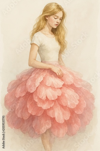 Watercolor girl in a voluminous pink petal skirt on cream background