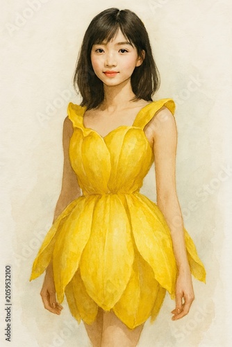 Cheerful watercolor illustration of a girl dressed as a blooming yellow tulip