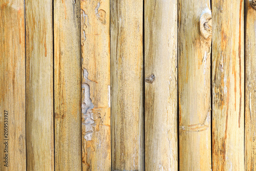 Vertical wooden logs texture background, rustic timber wall backdrop.