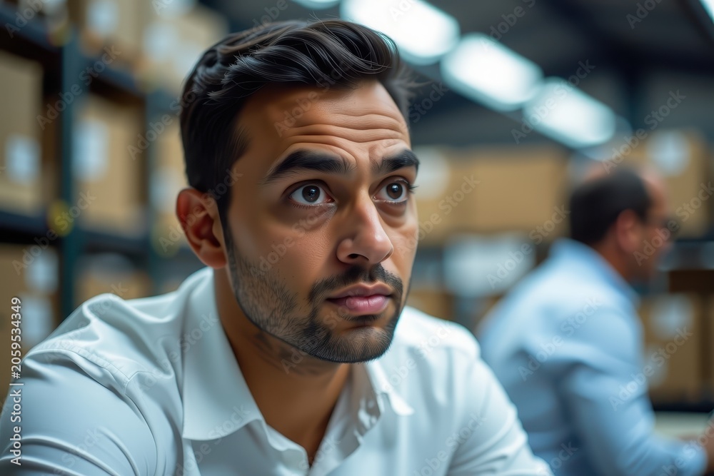 Fototapeta premium Man in white shirt stares intently in warehouse setting