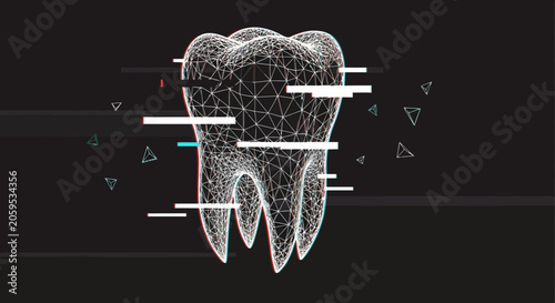 Abstract digital wireframe of a human tooth with geometric data visualization on dark background