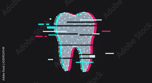 Abstract glitch art tooth illustration with digital distortion and neon accents