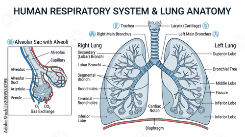 Fotografía Medical diagram of the human respiratory system and lung anatomy