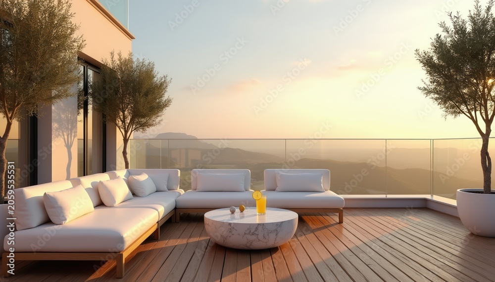 Fototapeta premium Modern white sofa on wooden deck with ocean mountain view at sunset. Outdoor lounge area with glass railing and olive trees. Citrus drink on marble table.