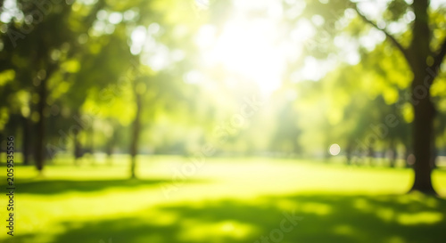 Natural green park landscape with bokeh sunlight effect and blurred tree background sunlight background landscape outdoors abstract environment peaceful