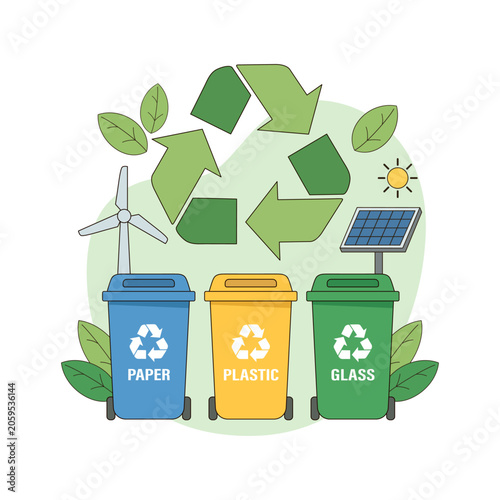 Colorful recycling bins for paper, plastic, and glass with recycle symbol, wind turbine, solar panel, and green leaves. Eco-friendly waste sorting concept illustration.