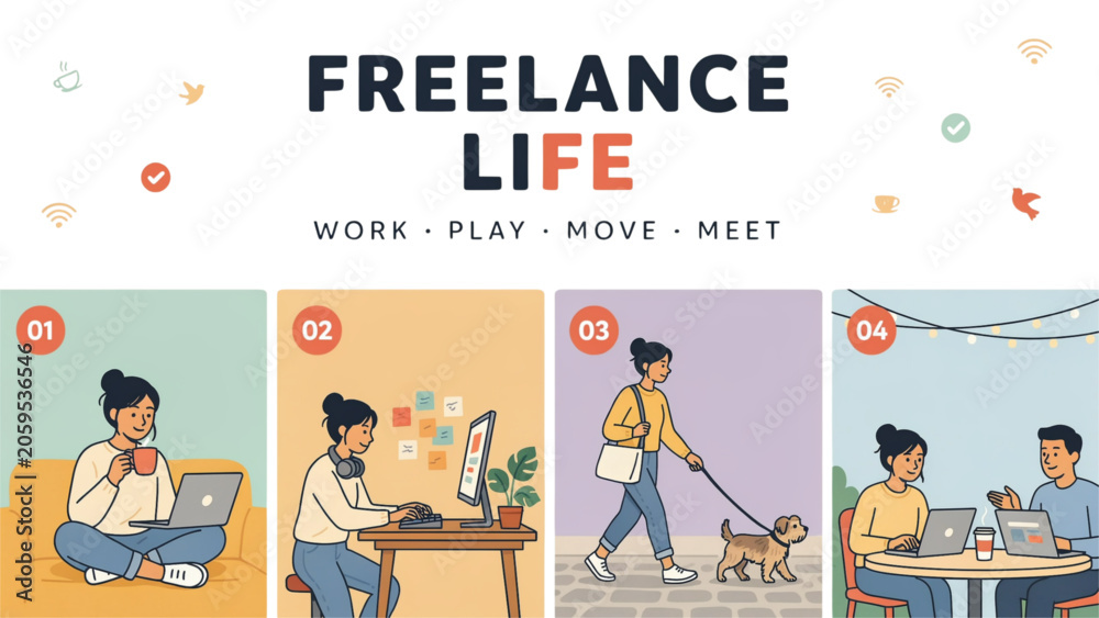 Naklejka premium Happy diverse people working together in a modern colorful office with freelance lifestyle theme