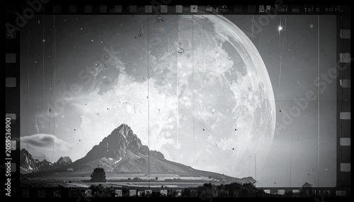 Black and white landscape with a giant moon and mountain