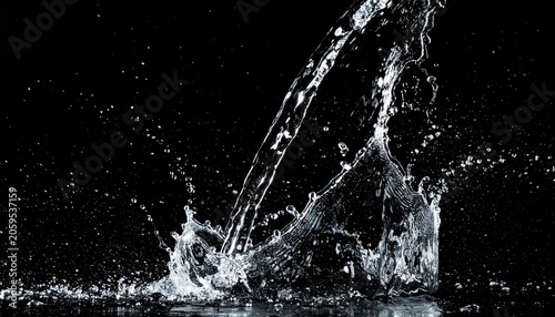 Water stream erupts and splashes against black