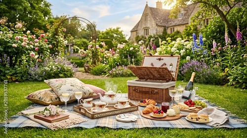 Elegant outdoor picnic setup with gourmet food in lush English garden summer setting