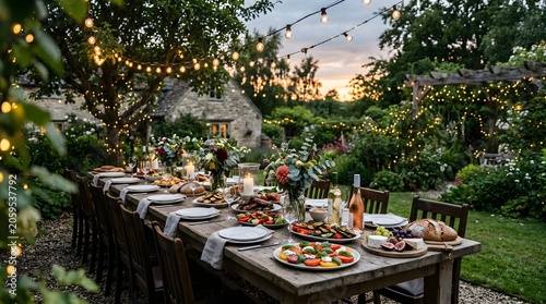 Elegant outdoor dinner party with long wooden table decorated under fairy lights in garden at sunset