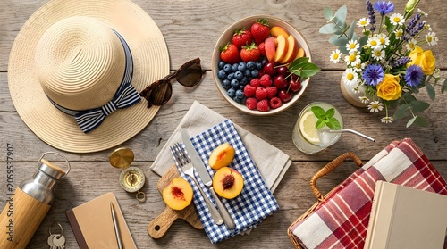 Summer picnic flat lay with straw hat, fresh berries, bread, and flowers on wooden table