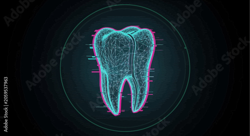 Digital 3 d tooth model with glowing cyan lines and digital scanning effect