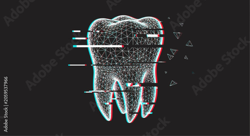 Digital 3 d tooth model with glitch effect and geometric particles