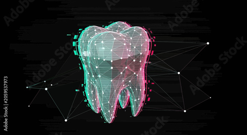 Digital 3 d tooth model with glowing neural network connections on a dark background
