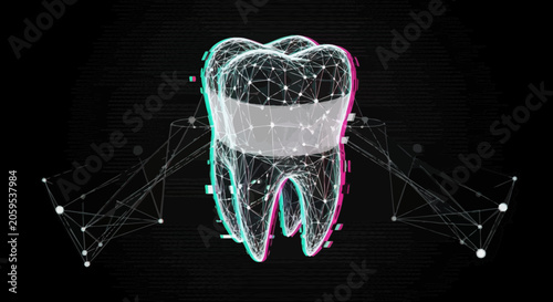 Digital 3 d tooth model with wireframe network and neon highlights on black background