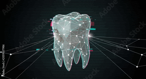 Digital 3 d tooth model with neural network connection lines on dark background
