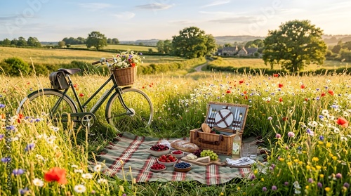 Outdoor summer picnic with bicycle in wildflower meadow under sunny sky