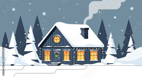 Canvastavla A cozy snow-covered house with a wreath
