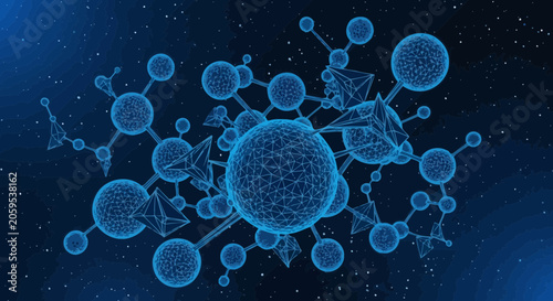 Blue glowing 3 d molecular structure network with connected nodes on a dark background