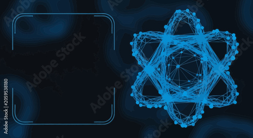 Blue glowing digital network structure with abstract geometric shapes and dark background
