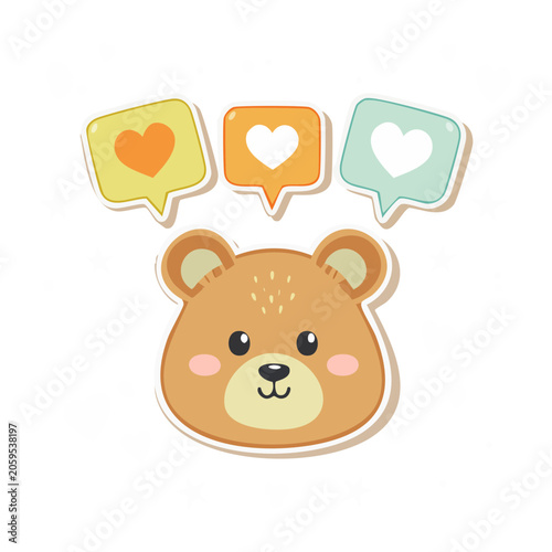 Cute cartoon bear face with love speech bubbles